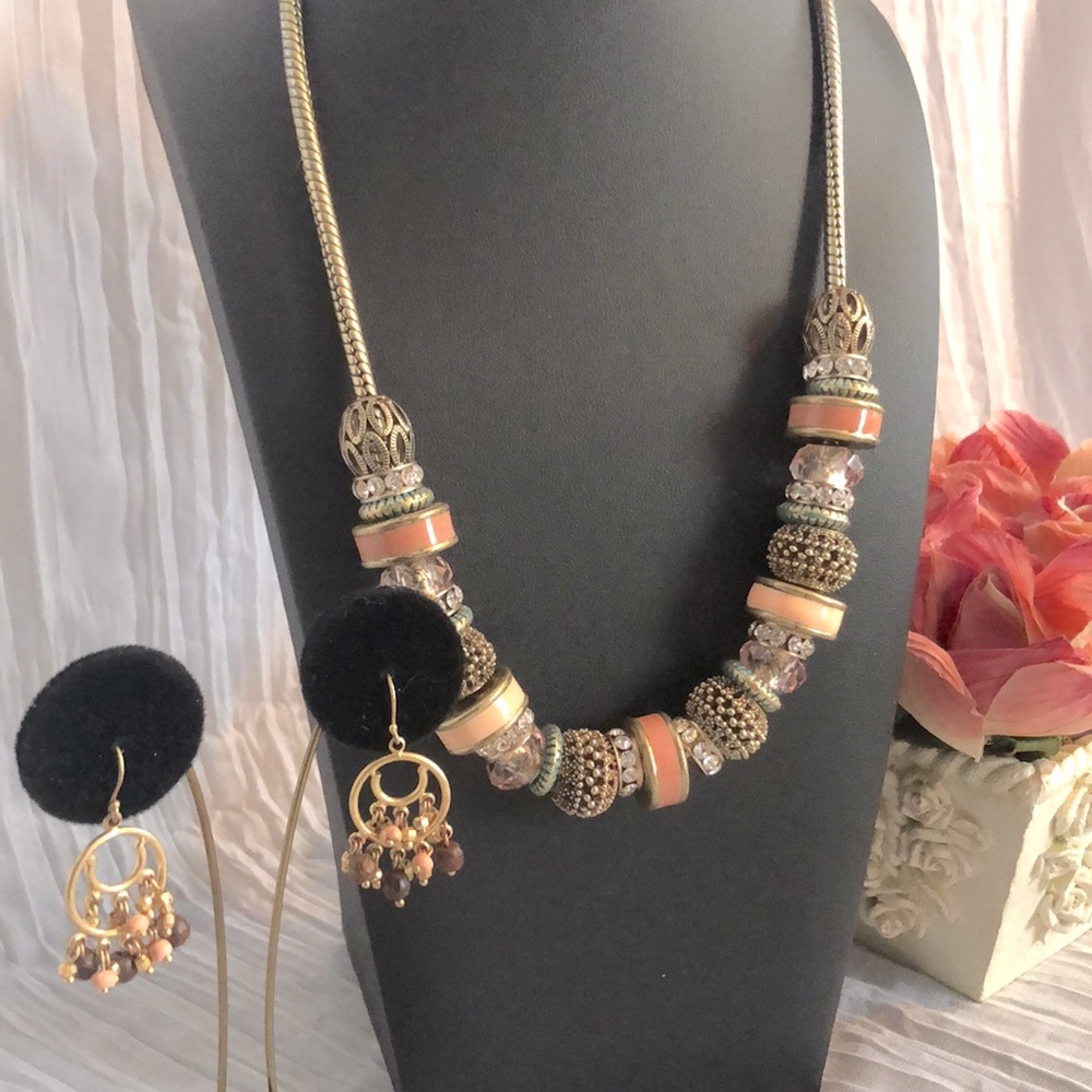 Vintage 1990s boho thick chunky beaded necklace & earrings peach brown silver